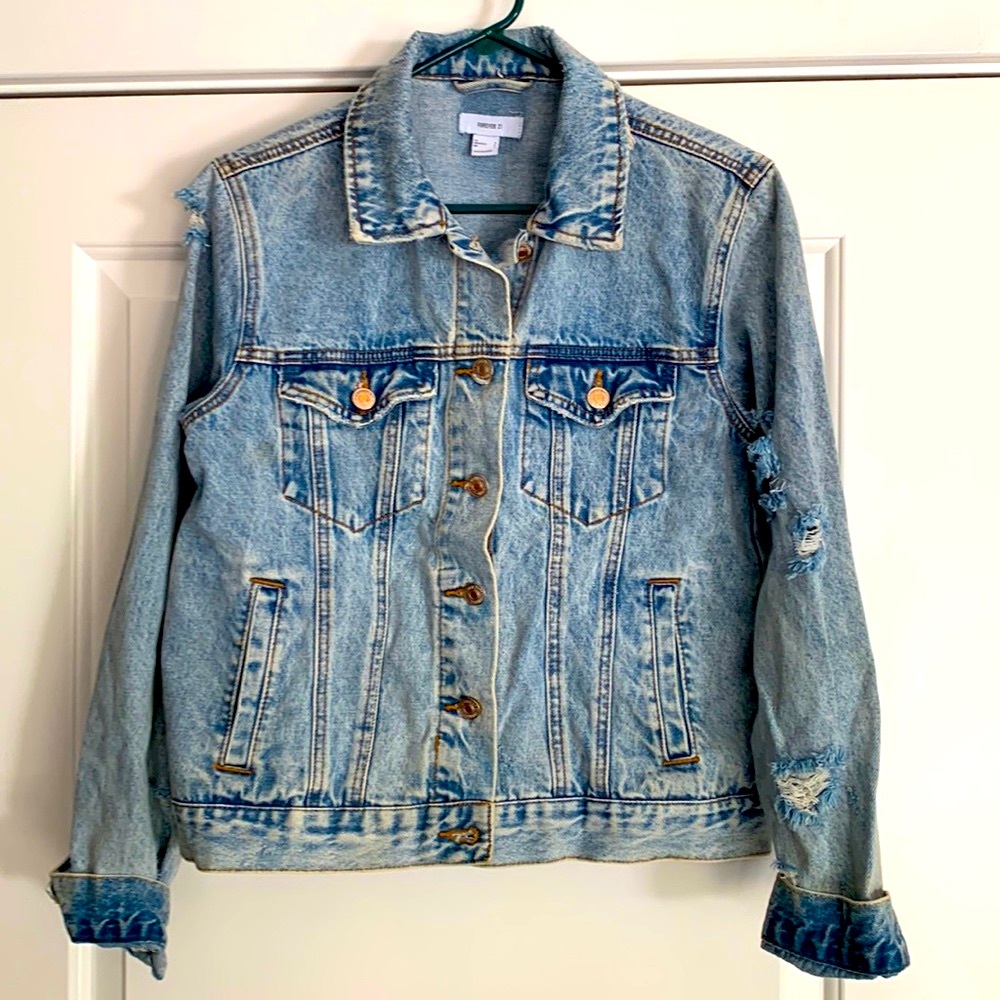 DISTRESSED Light Blue Button Front JEAN JACKET - Picture 1 of 9